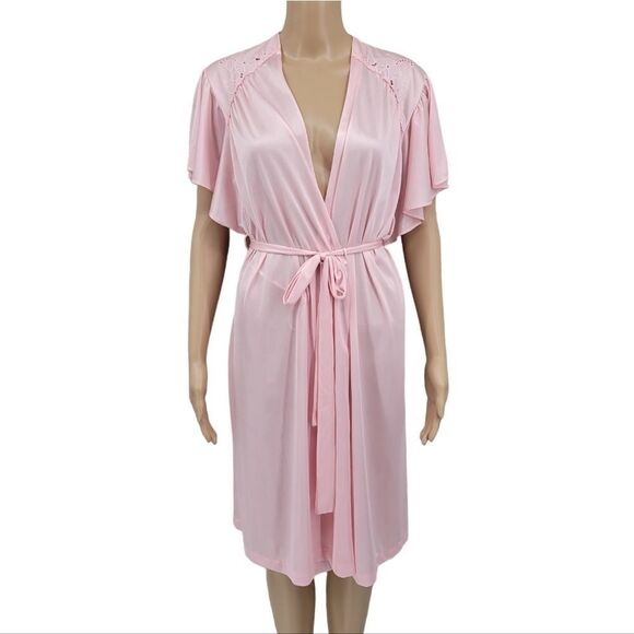 Flair 60s Vintage Nylon Light Pink Robe Knee Length Flutter Sleeves - Picture 1 of 11